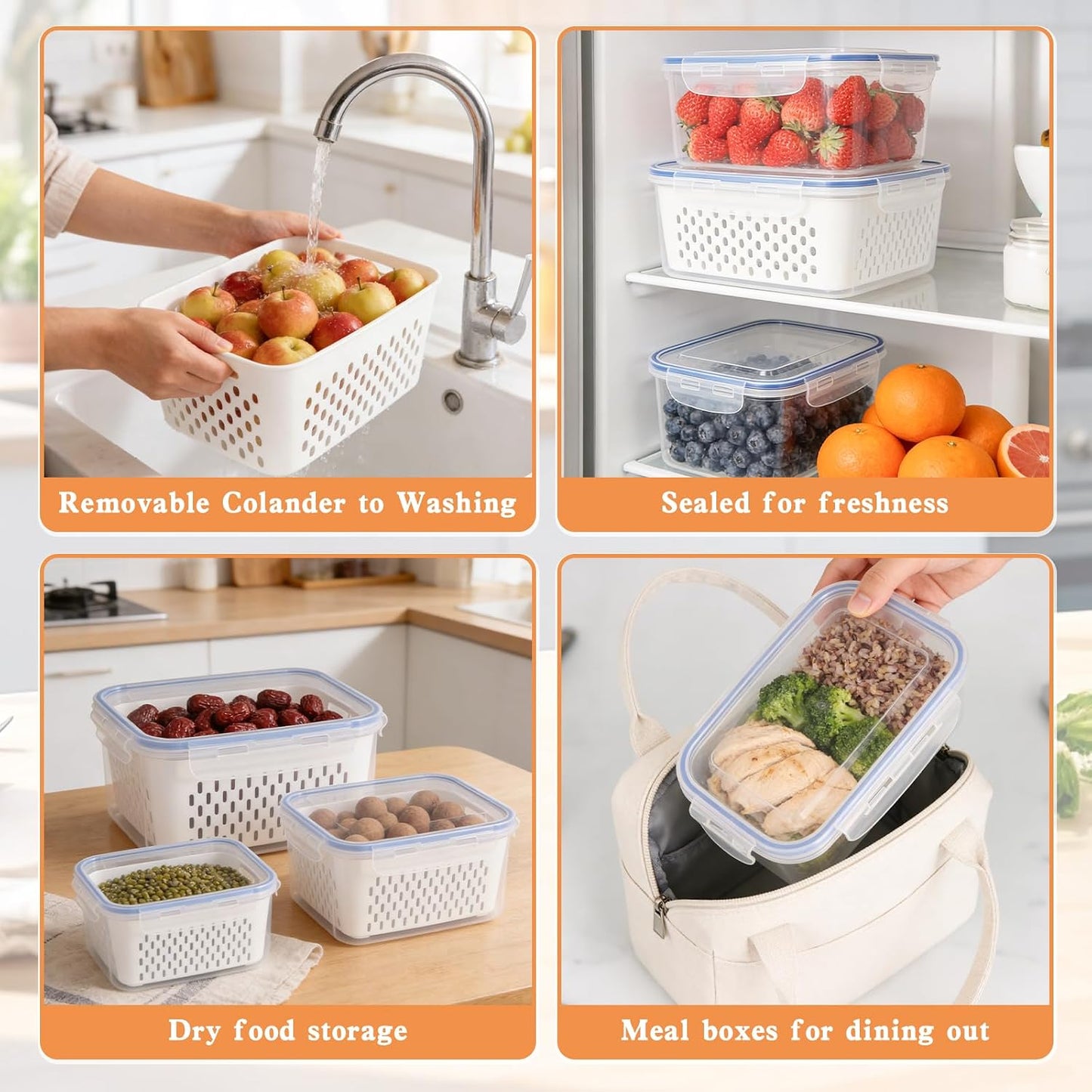 3PCS Fruit Storage Containers, Fruit Storage Containers With Lid And Colander, Household Transparent Plastic Food Storages Box-Including Drain Basket, Multipurpose Large For Fridge