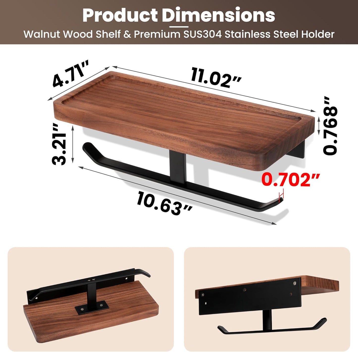 Toilet Paper Holder Walnut Wood Shelf - Wall Mount & Self-Adhesive | Bathroom Tissue Holder, Black Stainless Steel with Walnut Shelf for Phone - Home Apartment Restroom Decor Essentials