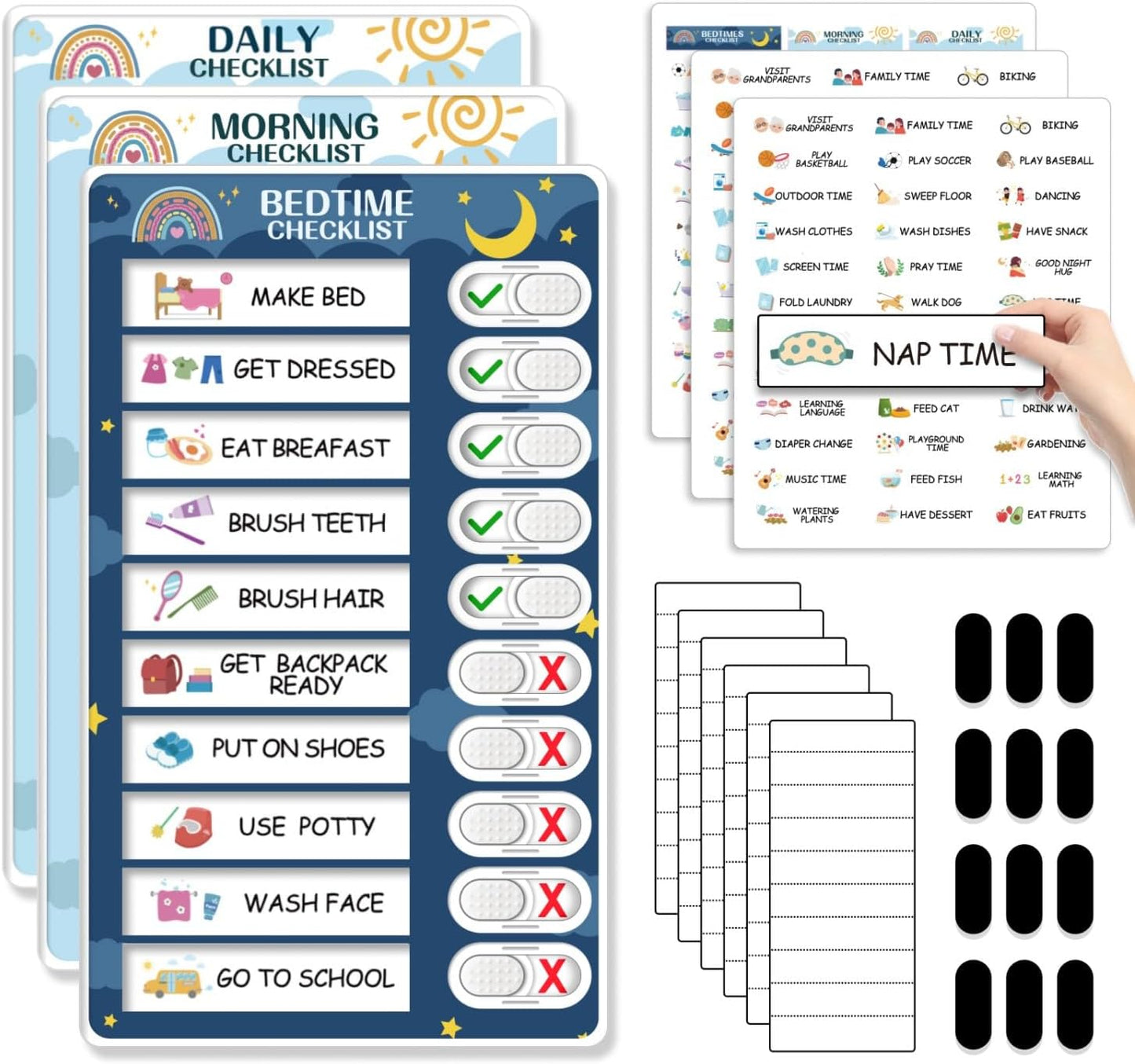 Upgraded Slider 4 in 1 Reward Chart for Kids, Reusable Bedtime/Morning/Daily Routine Chart for Kids, Magnetic Chore Chart for Kids Toddlers, Sticker Chart for Kids Behavior Chart for Kids at Home