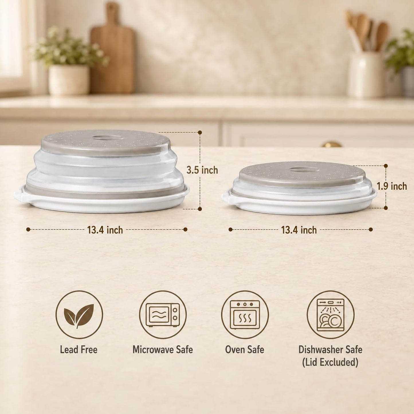 ONEMORE Microwave Bacon Cooker, Ceramic Bacon Tray with Splatter Cover | Meat Rack for Oven Cooking Crispy Bacon Maker with Collapsible Lid - 13 inch Round Bacon Dish Plate, Dishwasher Safe, White