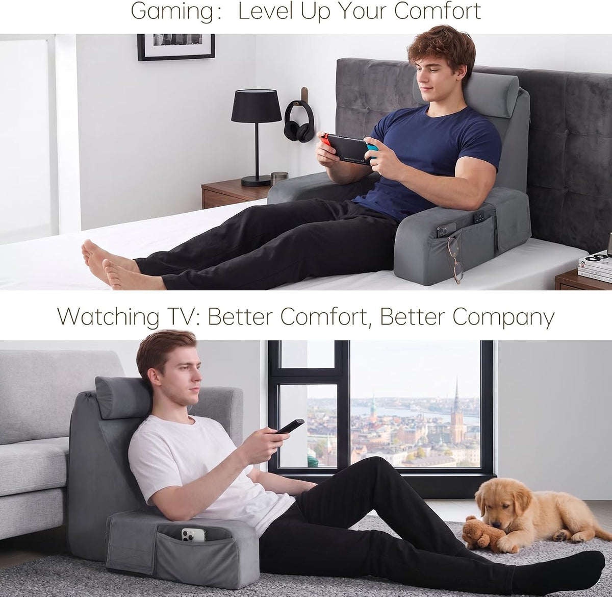 ENITYA 21" Reading Pillow for Bed with Firm Back Support & Big Pockets