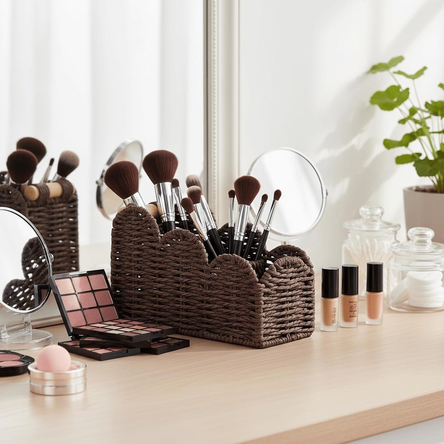 CubesLand Bedside Table Desk Organizer Caddy, Remote Pen&Pencil Holder Cup | Makeup Brush Holder w/Scalloped Perfect for Home, Office Desk, Living Room Table Decor, 3 Slots Neutral
