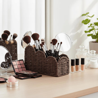 CubesLand Bedside Table Desk Organizer Caddy, Remote Pen&Pencil Holder Cup | Makeup Brush Holder w/Scalloped Perfect for Home, Office Desk, Living Room Table Decor, 3 Slots Neutral
