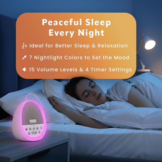White Noise Sound Machine for Sleep, 29 Non-Looping Sleep Sounds, 7-Color Nightlight, 4 Timers, Memory, USB-C Charging, Hanging Rope for Crib/Stroller, for Baby, Kids, Adults, Travel.
