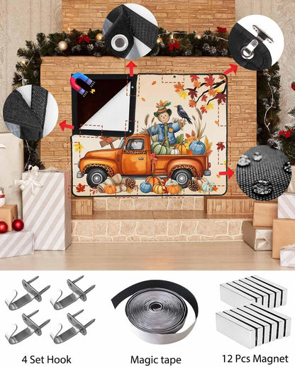 Happy Fall Magnetic Fireplace Cover, Fireplace Draft Blocker, Thanksgiving Truck Pumpkin Leaf Scarecrows Fireplaces Blanket for Heat Loss/Cold Air, Fireplaces Draft Stopper Cover for Inside 45''x34''