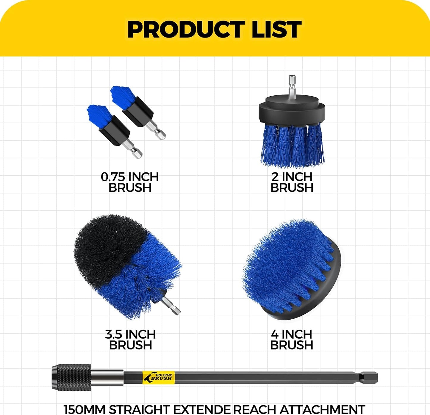 Holikme 6Pc Drill Brush Set - Soft Bristles with Extension for Home Clean | 5 Head Sizes, Yellow Nylon Fibers, Power Scrubber Attachments for Tile, Tub, Shower, Floors, Kitchen and Auto Interior Care