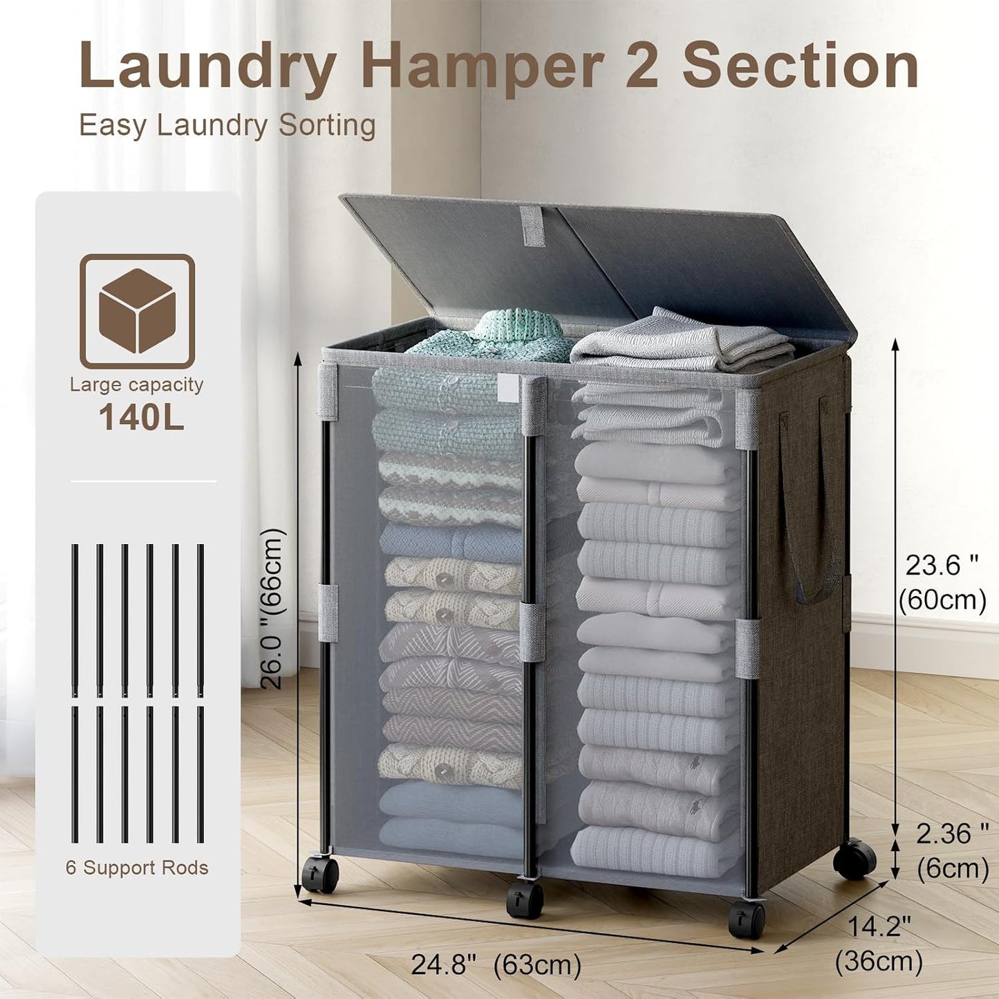 140L Double Laundry Hamper with Lid and 6 Wheels, Rolling Laundry Basket | Gasvadivum Metal Frame Laundry Sorter 2 Section with 2 Removable Bags, Large Clothes Cart for Bedroom, Bathroom, Black
