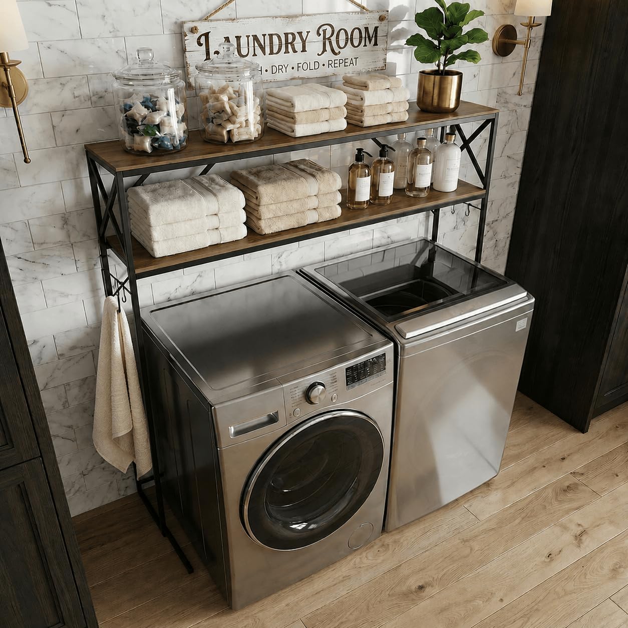 Laundry Over The Washer and Dryer Storage Shelf, 2 Tiers Laundry Room Freestanding Shelf with Adjustable Shelves, Double Layer Organizer for Top Load and Front Load Washers Dryers