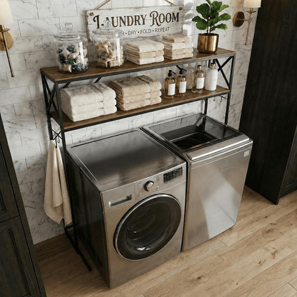 Laundry Over The Washer and Dryer Storage Shelf, 2 Tiers Laundry Room Freestanding Shelf with Adjustable Shelves, Double Layer Organizer for Top Load and Front Load Washers Dryers