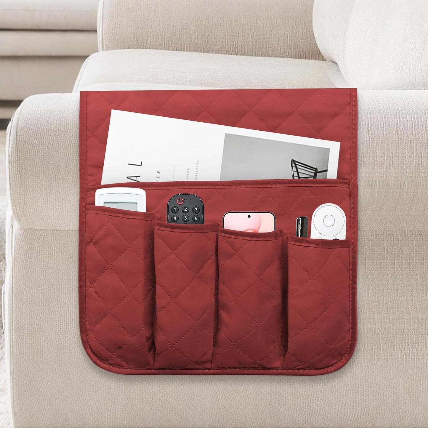 Armchair Caddy for Recliner, Non Slip Sofa Arm Organizer, Sage Green | 5-Pocket Recliner Armrest Organizer, Couch Side Storage Holder for Remotes, Cell Phone, Magazines & Tablets, Machine Washable