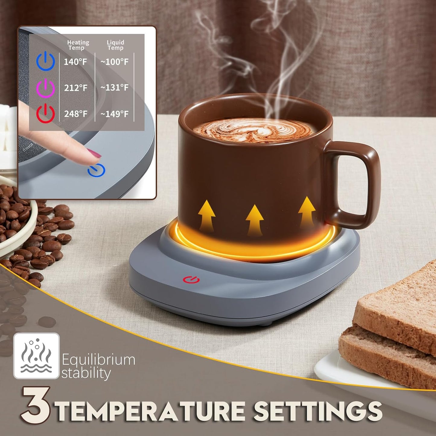 Mug Warmer for Coffee and Tea, Cup Warmer for Desk with Auto Shut Off,3 Temperature Settings, Smart Coffee Warmer Plate in Your Home & Office(Grey)(No Mug)