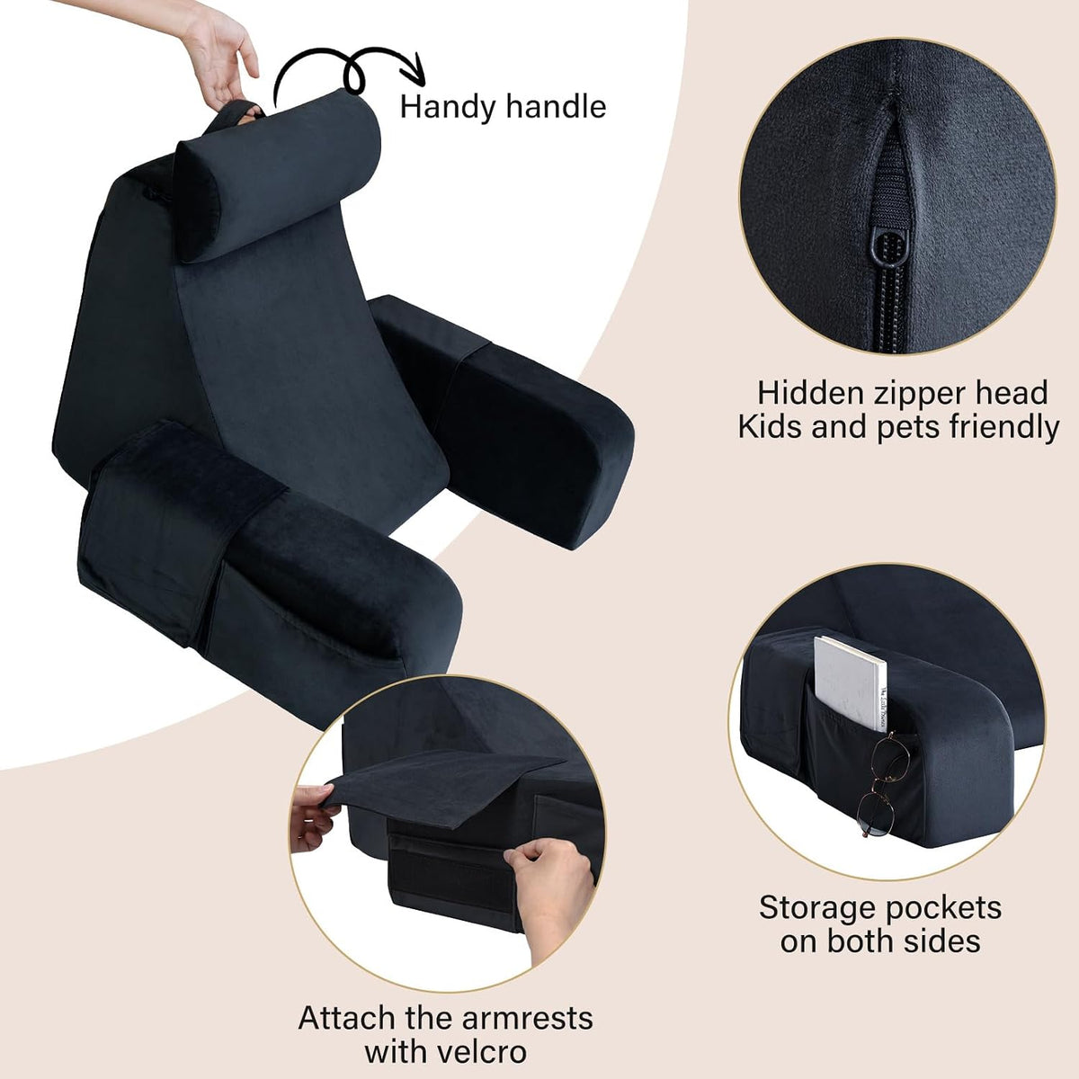 ENITYA 21" Reading Pillow for Bed with Firm Back Support & Big Pockets