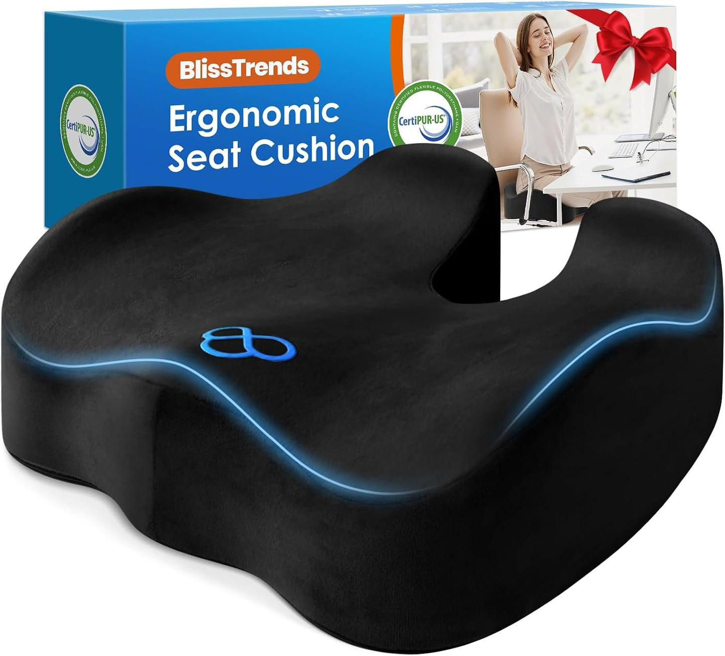BlissTrends Memory Foam Seat Cushion for Office Chair & Car Seat, Black | 4.7in Ergonomic Tailbone & Sciatica Support with Removable Velvet Cover for Pressure Relief and Long Sitting Comfort