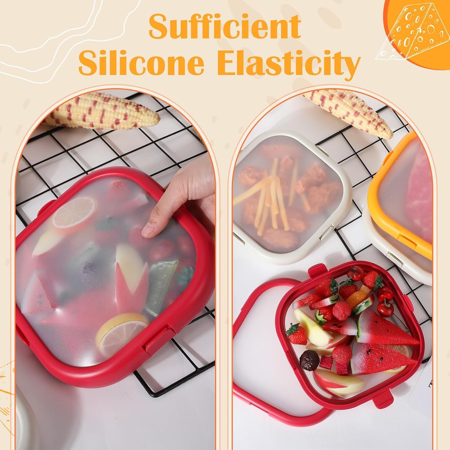 Nuogo 4 Pcs Silicone Food Storage Containers, Fruit Storage Box, Onion Keeper, Avocado Saver, Kitchen Organizers for Fridge, Fresh-keeping Design(Red, White,Orange,7.9 x 7.9 x 1.4 Inches)