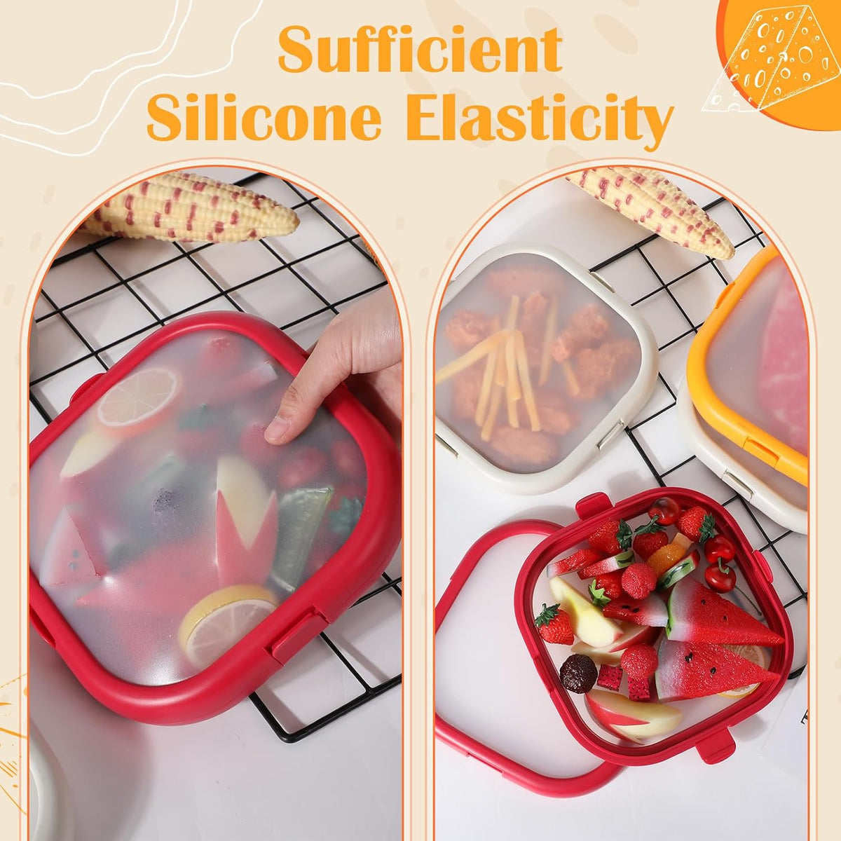 Nuogo 4 Pcs Silicone Food Storage Containers, Fruit Storage Box, Onion Keeper, Avocado Saver, Kitchen Organizers for Fridge, Fresh-keeping Design(Red, White,Orange,7.9 x 7.9 x 1.4 Inches)