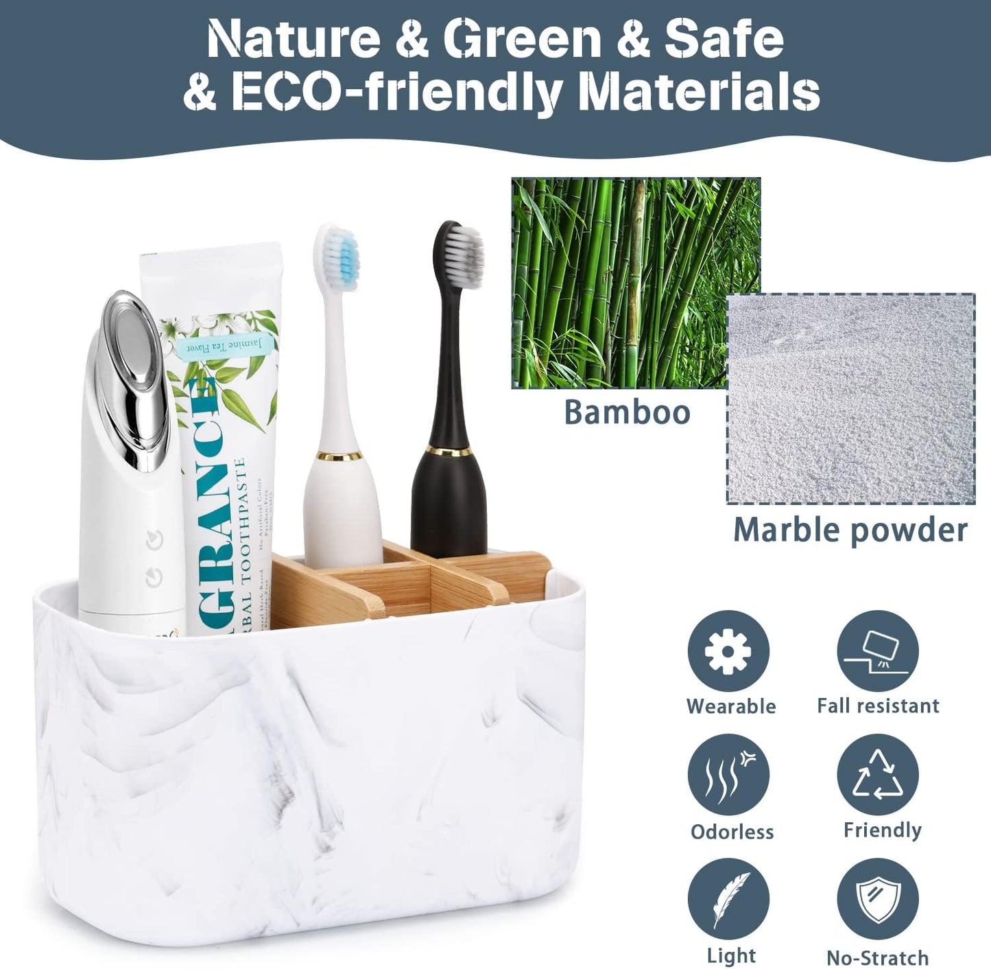 GFWARE Toothbrush Holders for Bathrooms - Bamboo Divider Toothbrush and Toothpaste Holder with Drainage, Kids Electric Toothbrush Organizer for Bathroom Countertop, White Tooth Brush Holder | 5 Slots Toothbrush and Toothpaste Holder with Bamboo Divider,