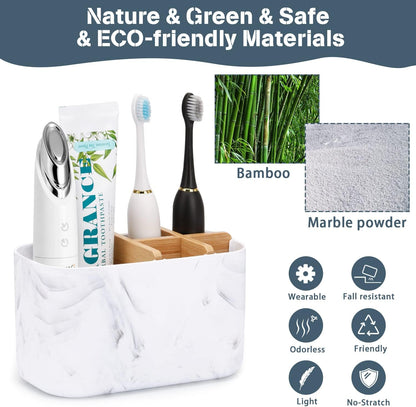 GFWARE Toothbrush Holders for Bathrooms - Bamboo Divider Toothbrush and Toothpaste Holder with Drainage, Kids Electric Toothbrush Organizer for Bathroom Countertop, White Tooth Brush Holder | 5 Slots Toothbrush and Toothpaste Holder with Bamboo Divider,