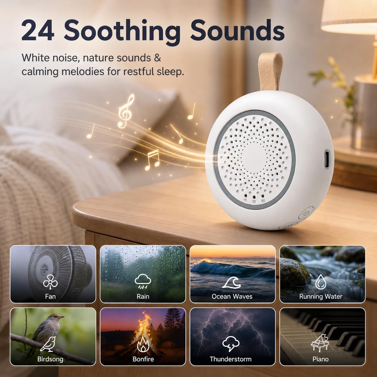 MISIRUN White Noise Machine for Baby and Adult Sleep, for Nursery Travel | 24 soothing sounds, 3-level night light, auto noise detection and 15/30/60-min timer for bedtime, stroller and travel