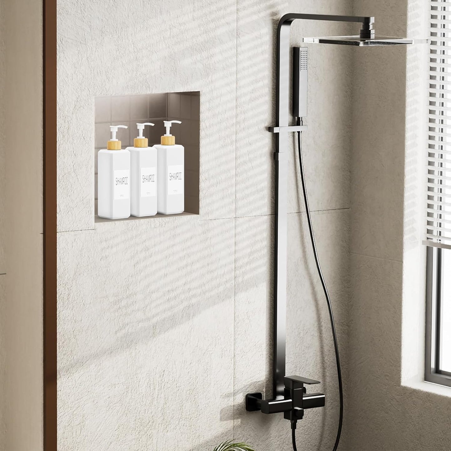 VITVITI Shampoo and Conditioner Dispenser, Shower Soap Dispenser Wall Mount | 17OZ Refillable Plastic Shampoo/Body Wash Shower Bottles for Bathroom with Pump/Labels, Bamboo Wall Mounted, Clear