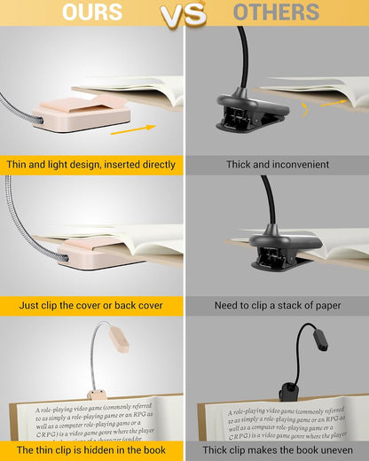 Book Light 2 Pack, Rechargeable Reading Lights for Books in Bed-Eye Caring 3 Colors, Stepless Dimming, 360° Flexible Studying Small Desk Lamp, Lightweight Clip-on LED Night Light for Book Lovers, Kids