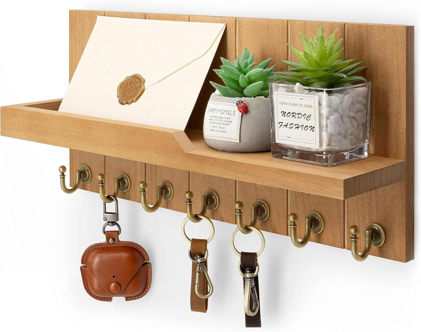 Rebee Vision Key Holder Wall Mount with 5 Key Hooks for Home Decor, Brown | 3.54'' x 10'' x 7.28'', Small Shelf for Display Plant, Key Hangers for Hat, Entryway Space-Saving Storage