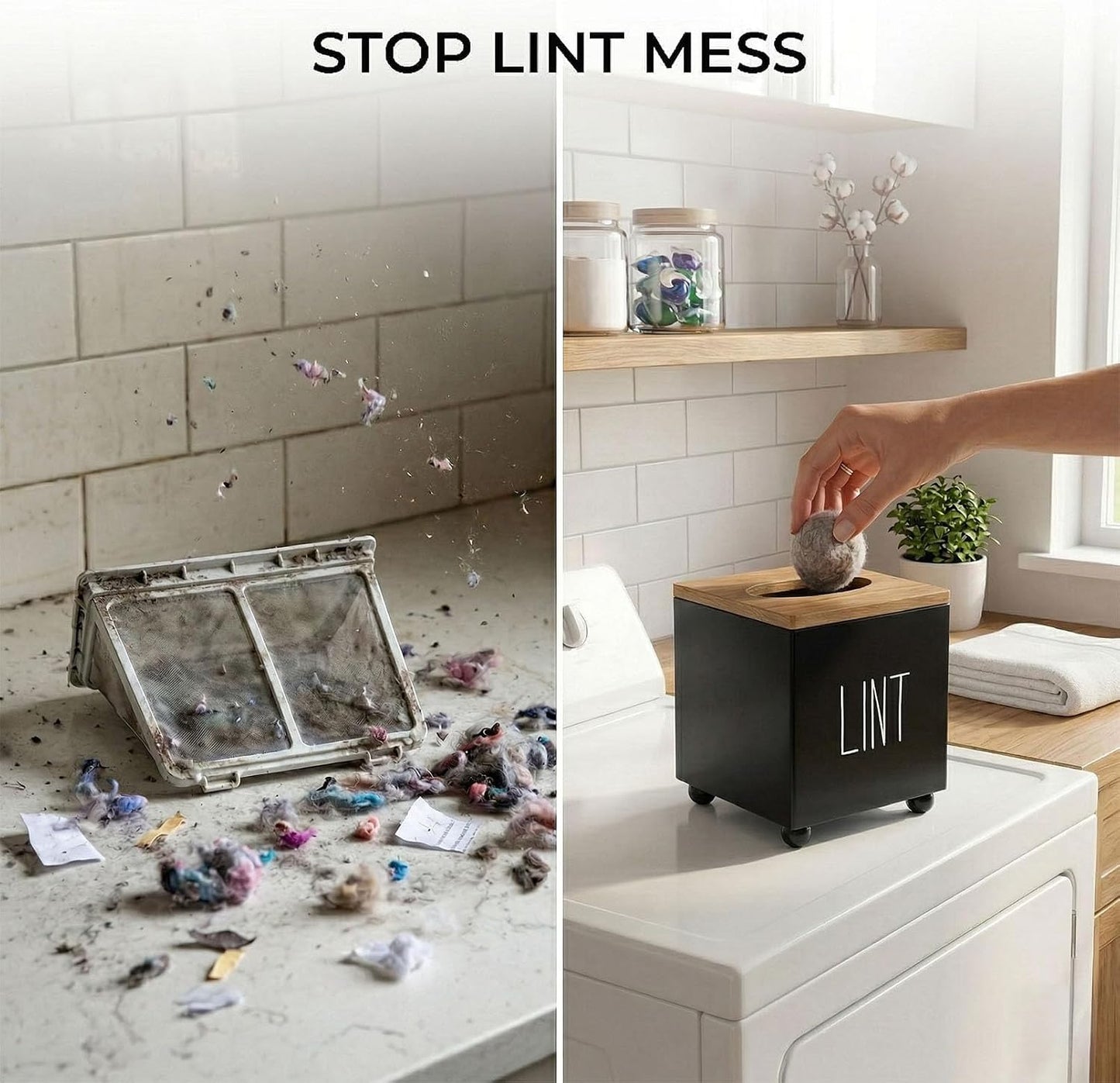 Lint Bin for Laundry Room, Farmhouse Lint Box, Wooden Lint Holder with Lid, Lint Container for Laundry Room Decor, Dryer Lint Trash Can for Laundry Accessory Organization