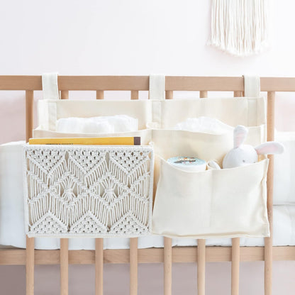 Mkono Bedside Caddy, Macrame Bunk Bed Hanging Organizer, 7 Pockets Ivory | Dorm Room Essentials, Boho Storage Bag, Remote Books Magazines Phone Snacks Drinks Holder, Bedroom Nursery Loft Baby Bed Rail