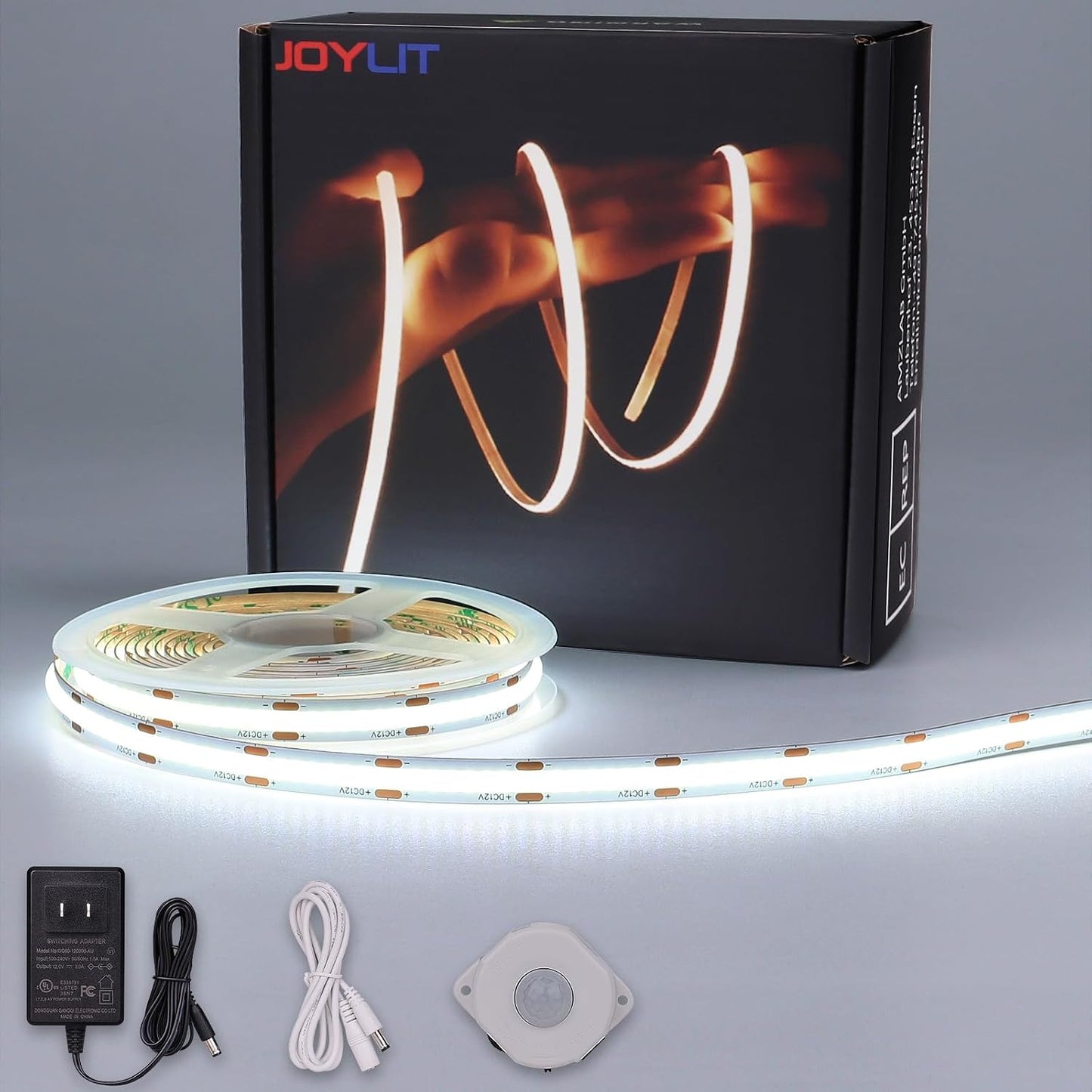 JOYLIT Dotless Motion Sensor COB LED Strip Kit 16.4FT 6000K Indoor | Dual Day/Night Modes, 0-300S Auto-off Delay, 320 LEDs/M Cool White, Includes 12V Adapter, PIR Sensor, Extension Cord
