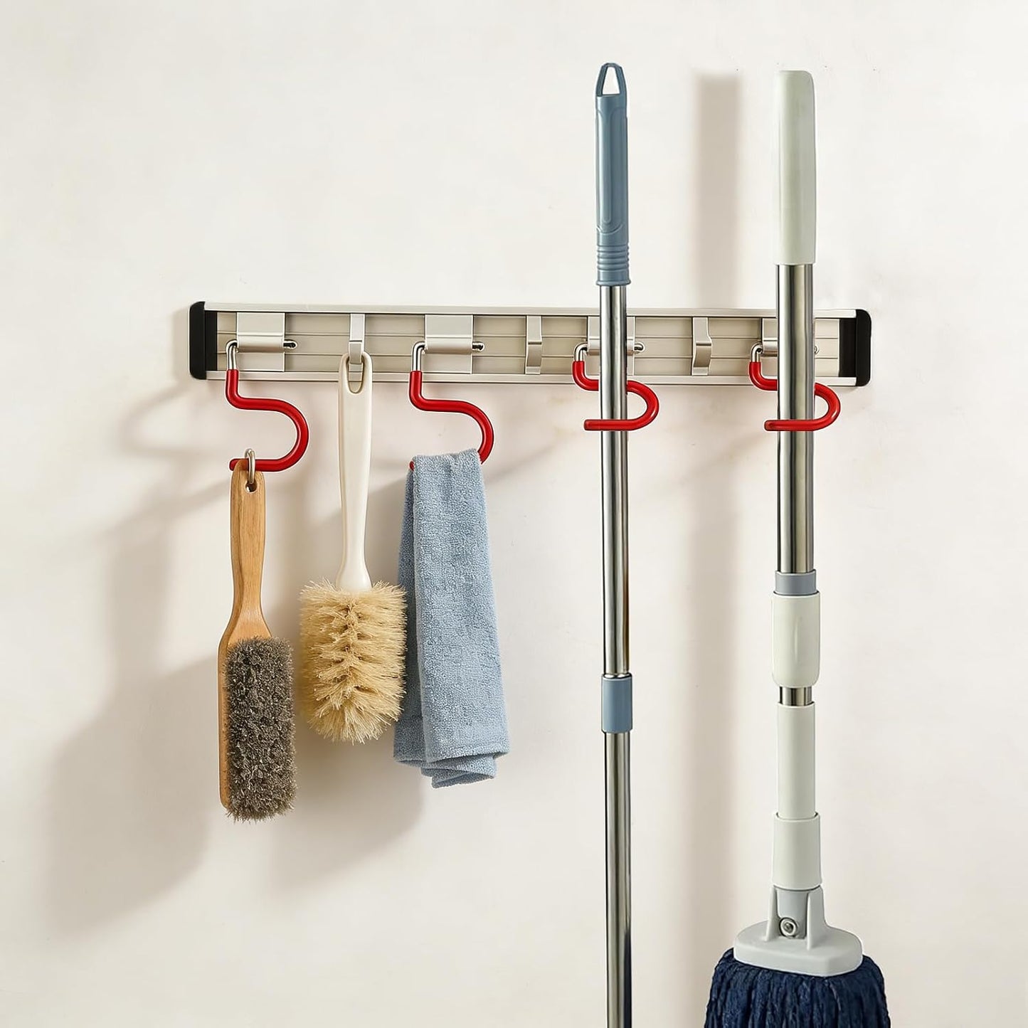 Wall Mounted Mop and Broom Holder Stainless Steel S Type Broom Rack Anti-Slip Mop Organizer (17 Inches,4 Positions 3 Hooks, Red black) (17inch)