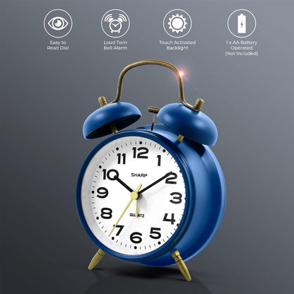 Sharp 4-Inch Twin Bell Alarm Clock for Heavy Sleepers (Matte Navy) | Extra-loud metal bell alarm, quiet quartz movement, press-button backlight, rustic bronze accents, battery operated