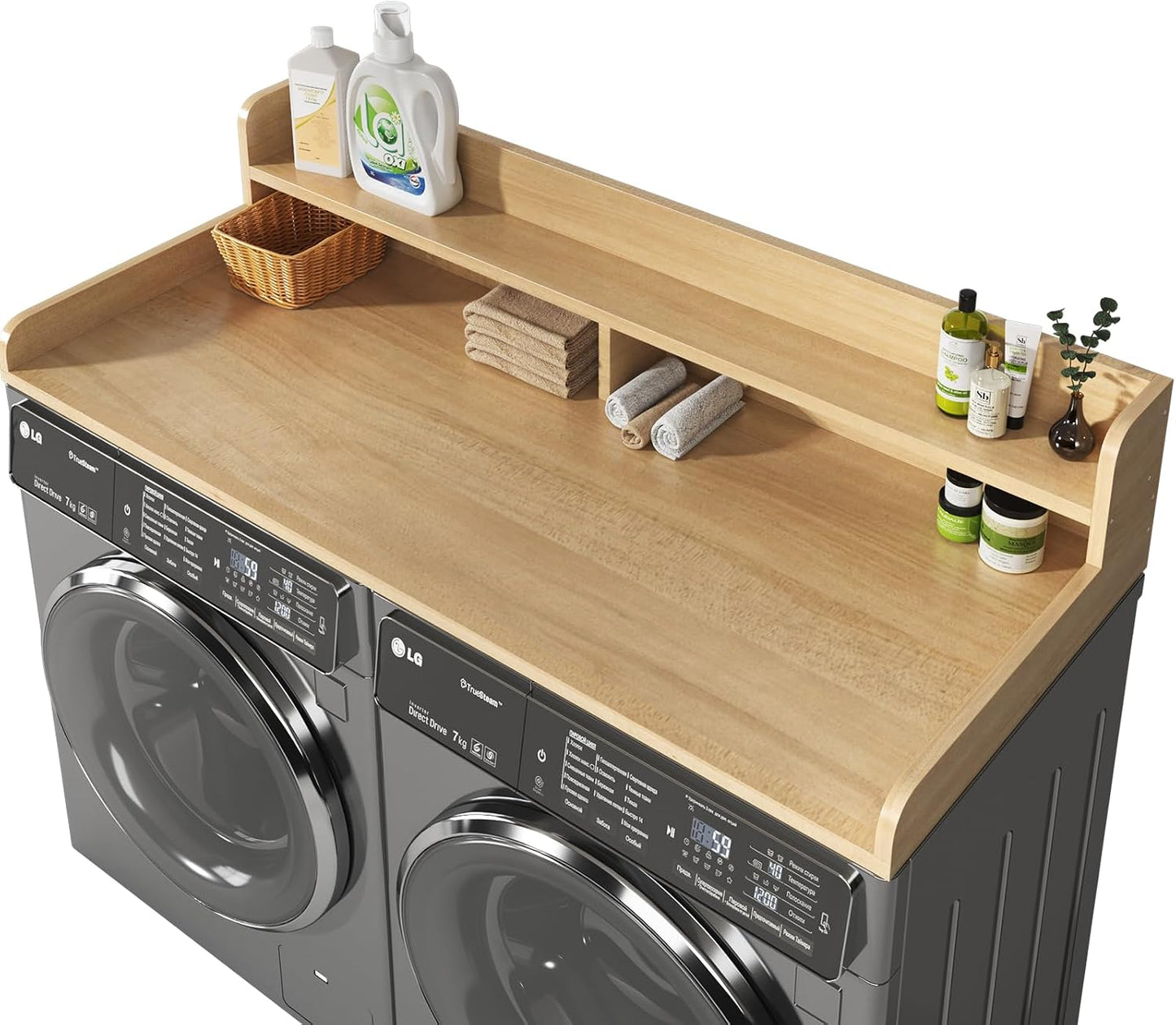 2-Tier Washer and Dryer Countertop with 2.75" H Guard,54" W x 27.5" D Laundry Countertop Cover with Non-Slip Pad,Large Space Laundry Topper for Folding Clothes Over Washer and Dryer-White