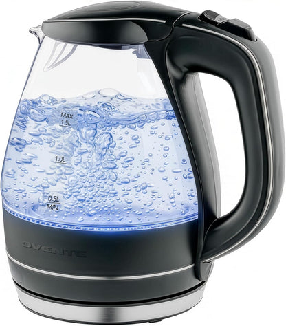 OVENTE 1.5L Glass Electric Kettle Water Boiler, Black KG83B | 1100W Fast Boiling, Borosilicate Glass, BPA-Free, Blue LED, Auto Shut-Off, Boil-Dry Protection, Removable Filter, 360° Base