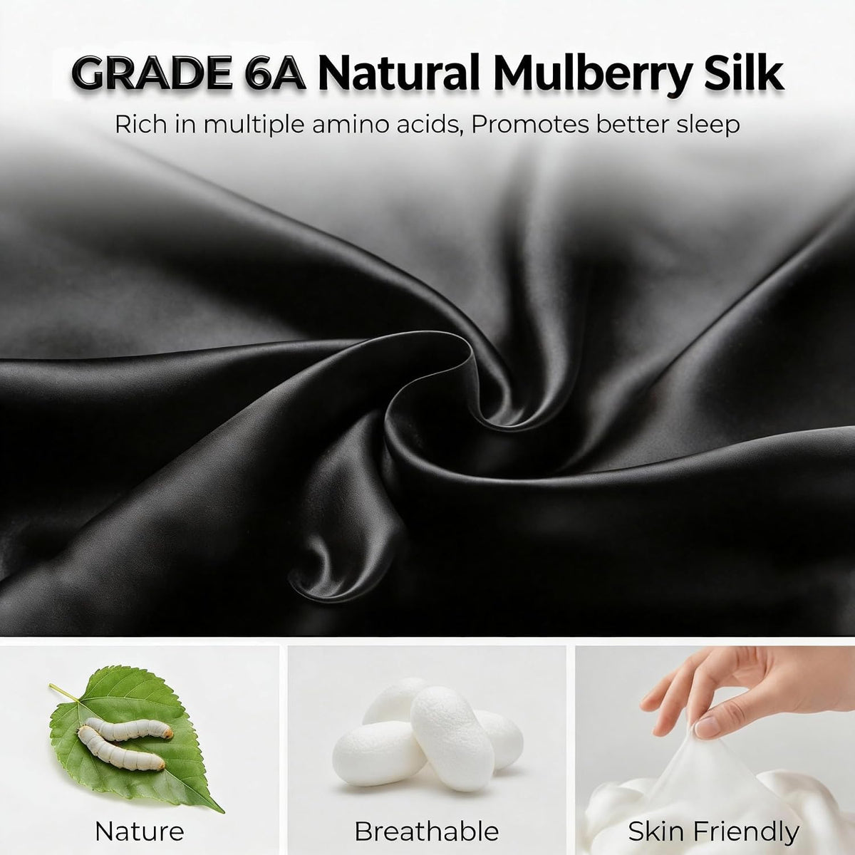 100% Mulberry Silk Sleep Mask for Women & Men – 22 Momme 6A Grade, 3D Contoured Total Blackout Eye Mask for Side Sleepers, Eyelash Extensions, Adjustable Strap, Breathable Blindfold (Black)