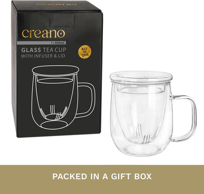 Creano Tea Glass with Infuser and Lid 400ml - Large Tea Cup - Microwave & Dishwasher Safe - Loose Leaf Tea Maker Gift Set