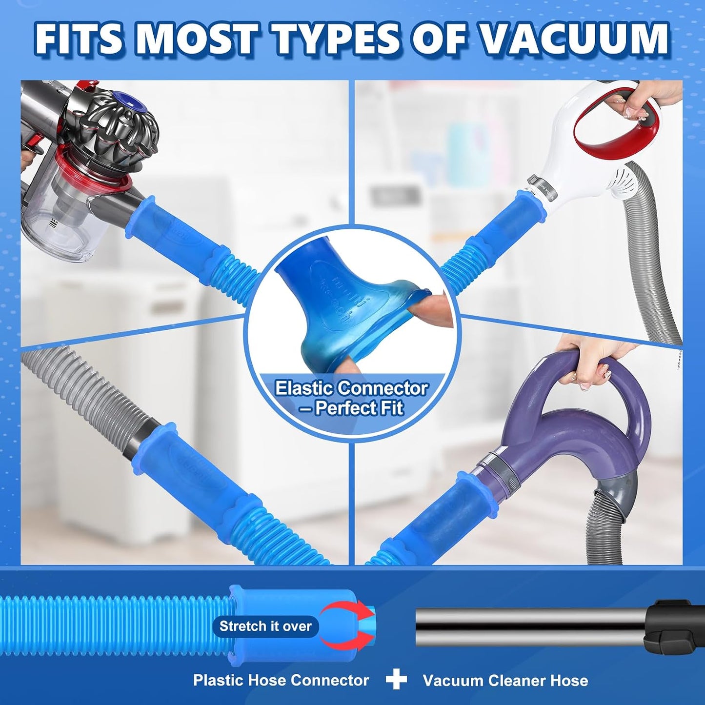 Sealegend 5Pack Dryer Vent Cleaner Kit Vacuum Hose Attachment & Brush Blue | Whistle-Free Hose | Universal Connector Fits Most Vacuums | 4 Brushes for Dryer Vents, Refrigerator Coils, Drains & Sinks