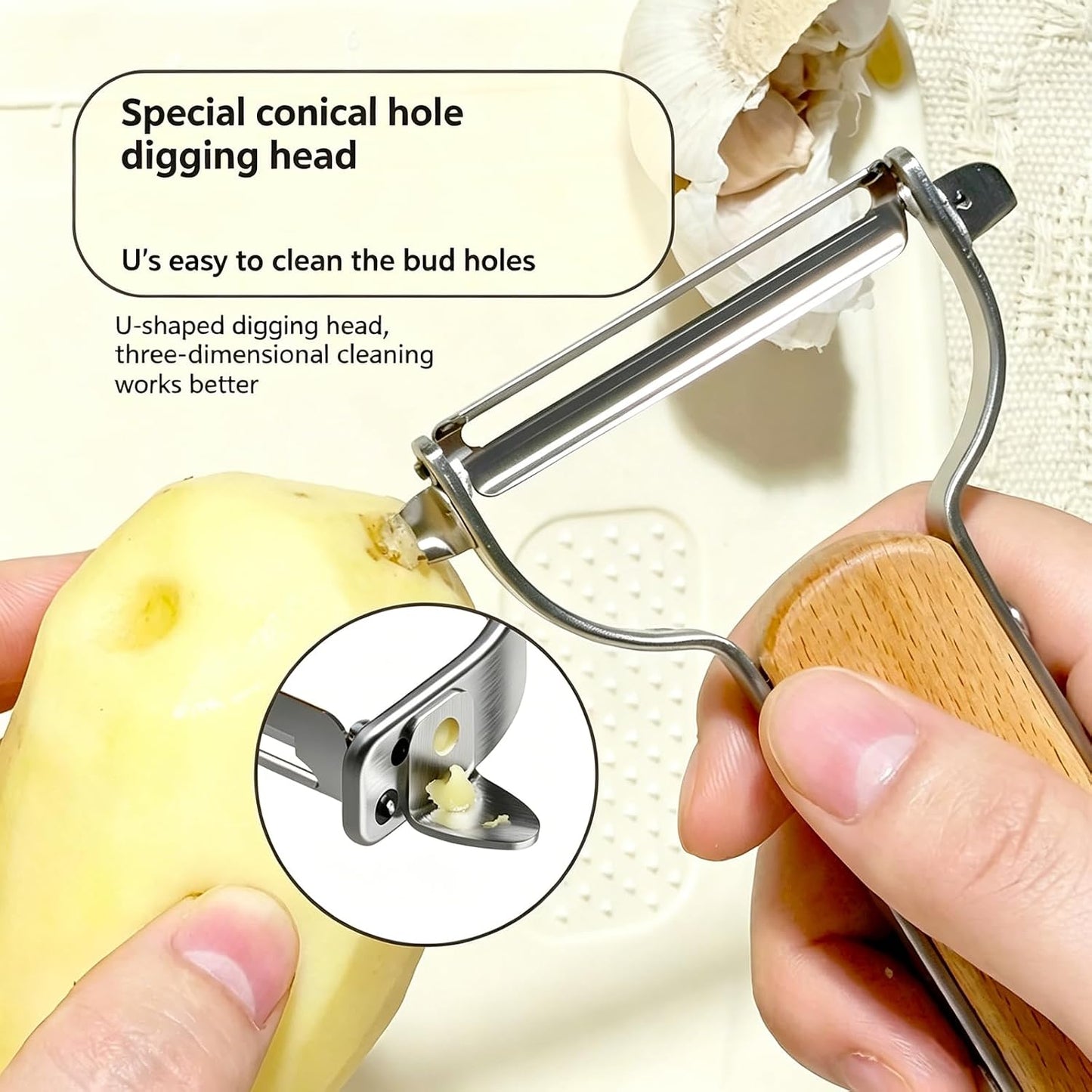 Large Y Veg Peeler, Wide Serrated Stainless Steel Blade Wood Handle | Practical cabbage peeler with built-in potato eye remover, lightweight compact kitchen tool. Ideal gift for home cooking