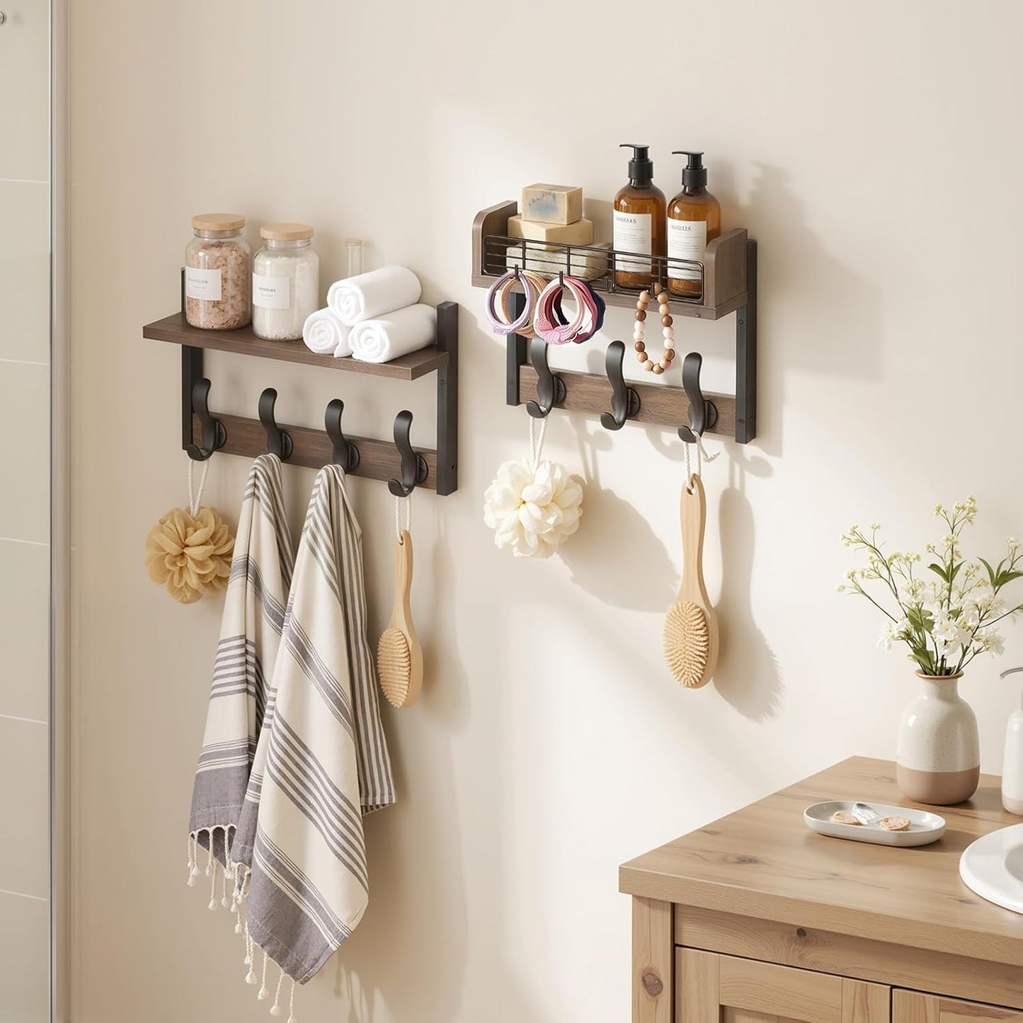 Delamu 29" Large Coat Rack Wall Mount with Shelf, 4 in 1 Shelf with 11 Hooks, Wooden Key and Mail Holder for Wall for Entryway, Living Room and Bedroom, Brown