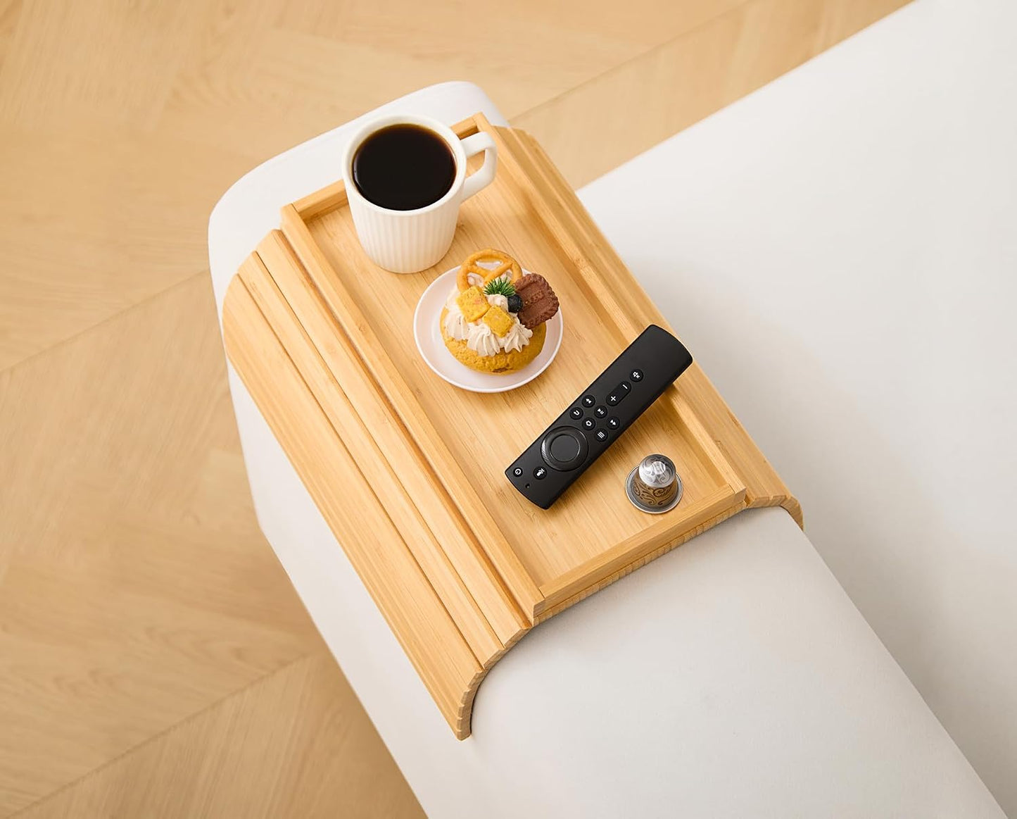 Bamboo Couch Arm Tray Table，Foldable Sofa Armrest Tray Table for Couch，Flexible and Anti-Slip Couch Arm Cup Holder，Portable Sofa Arm Chair Table for Drink,Cups, Eats，Snacks, Phone, Remote