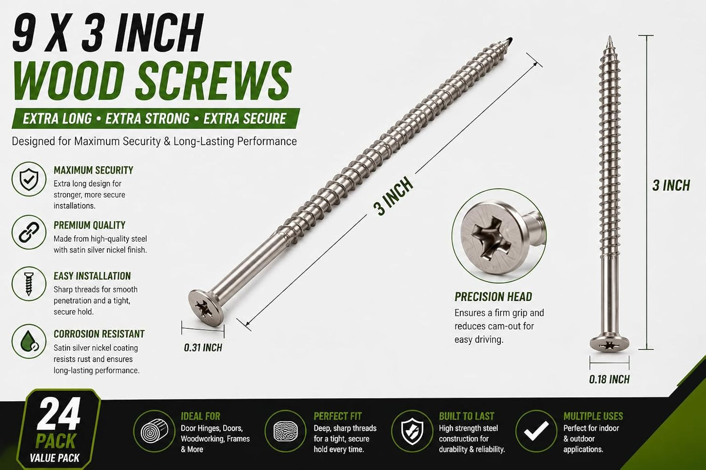 Satin Silver Nickel Wood Screws 9 X 3 Inch – Extra Long Door Hinge Screws - Door Security Screws - 24 Pack