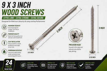Satin Silver Nickel Wood Screws 9 X 3 Inch – Extra Long Door Hinge Screws - Door Security Screws - 24 Pack