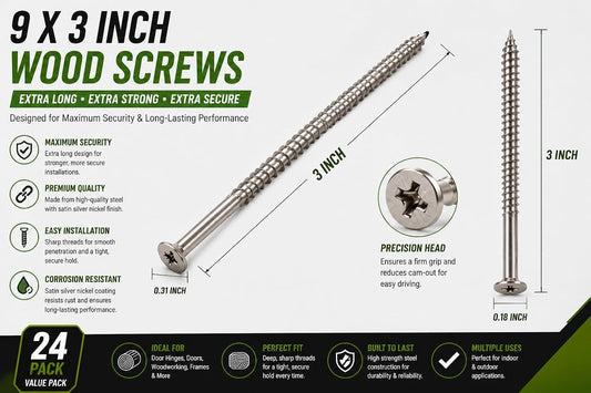 Satin Silver Nickel Wood Screws 9 X 3 Inch – Extra Long Door Hinge Screws - Door Security Screws - 24 Pack