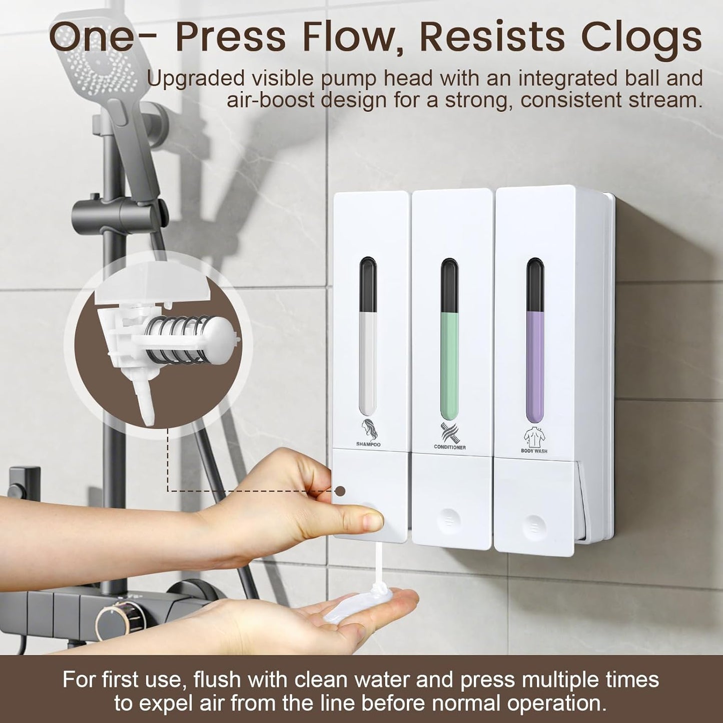 3 Chamber Shampoo and Conditioner Dispenser Set, No Drill Shower Soap | Refillable wall-mounted bottles, BPA-free. 3x400ml. Dispenses shampoo, conditioner,body wash, soap, lotion, gel. Black.