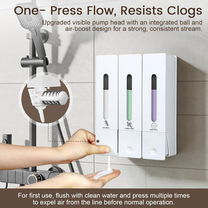 3 Chamber Shampoo and Conditioner Dispenser Set, No Drill Shower Soap | Refillable wall-mounted bottles, BPA-free. 3x400ml. Dispenses shampoo, conditioner,body wash, soap, lotion, gel. Black.