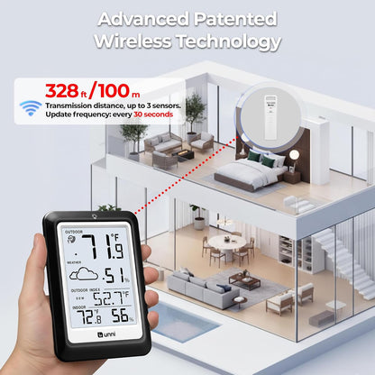 Indoor Outdoor Thermometer Hygrometer Wireless Weather Station, Temperature Humidity Monitor Battery Powered Inside Outside Thermometers with 330ft Range Remote Sensor and Backlight Display