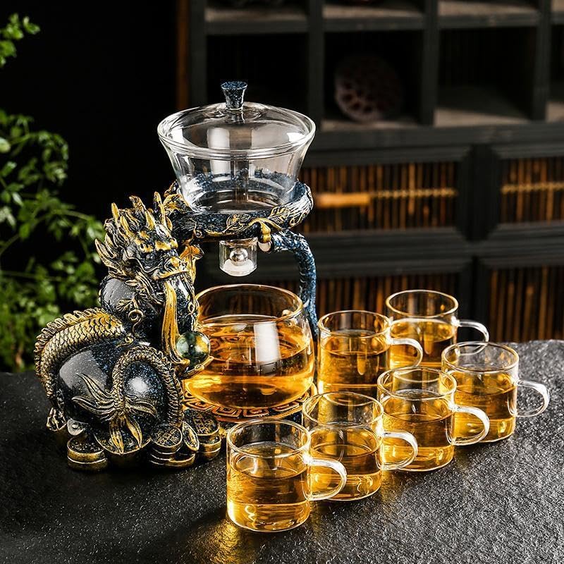Glass Teapot Set with Infuser Semi Automatic Dragon Tea Set (Blue golden teapot)