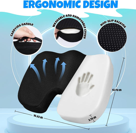 Ergonomic Seat Cushion with Memory Foam for Office Chair, Car Seat, Non-Slip Cushion, Sciatica & Tailbone Relief, Breathable Mesh Cover, Portable Handle - Black