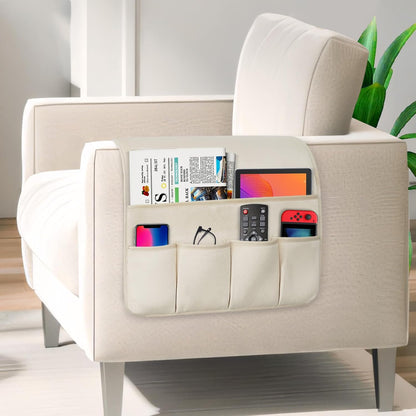 Remote Control Holder for Armchair Caddy, Remote Holder with 5 Pockets | Couch TV Remote Holder with Non-Slip Base, Bedside Caddy Organizer for Key Glasses Phone Magazine (Blue, 35"x12.4")