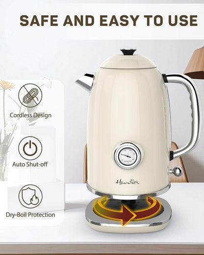 Harriet Electric Kettle, 1.8L Retro Electric Tea Kettle with Thermometer, 1500W Stainless Steel Hot Water Kettle Electric with LED Indicator, Fast Boiling, Cordless, Auto Shut-Off, Yellow