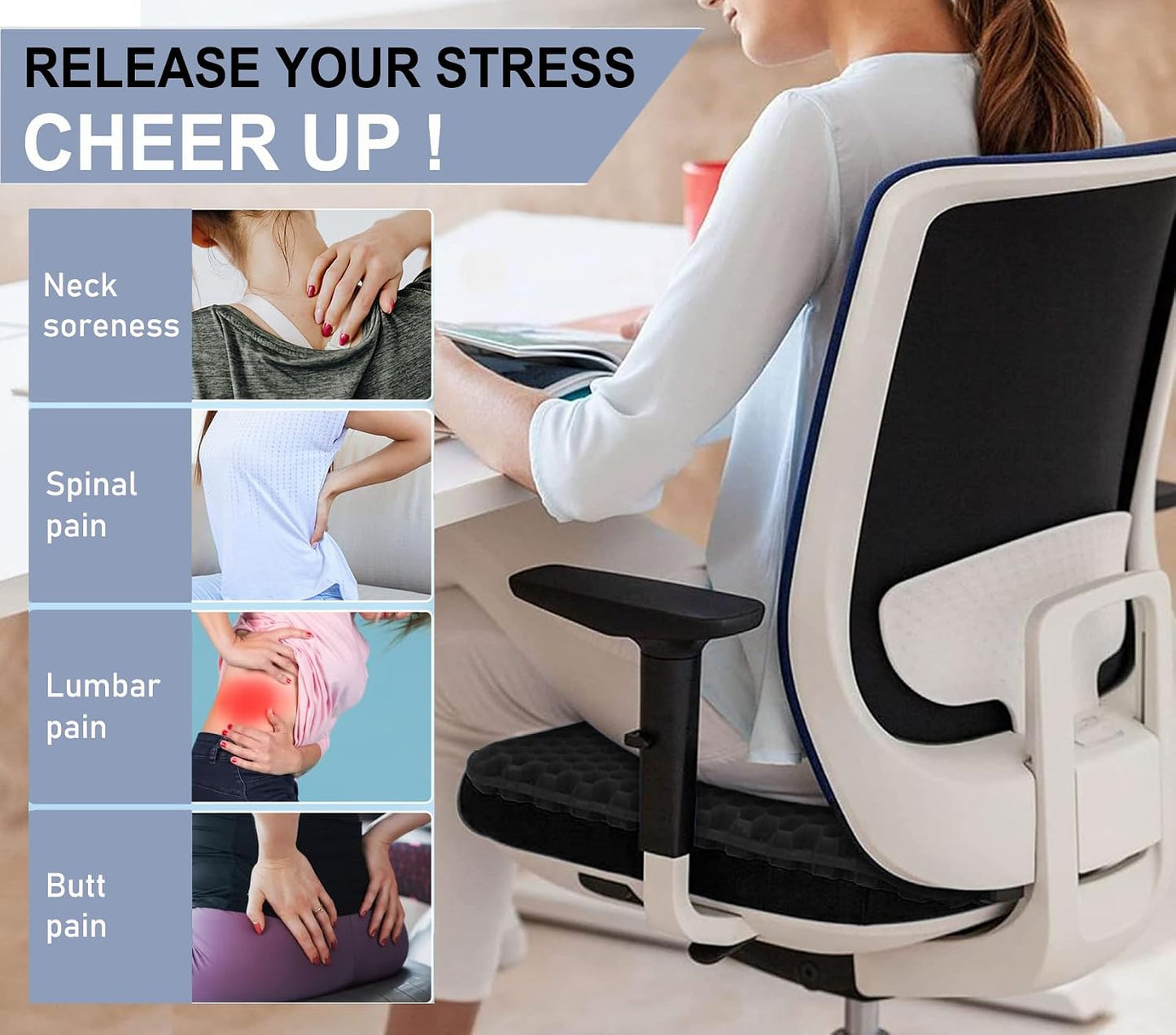 Gel Seat Cushion for Long Sitting - 1.65inch Double Thick Cooling Egg Cushion for Back, Hip, Sciatica, Coccyx, Tailbone Pain Relief - Office Chair Car Seat Cushion – Wheelchair Cushions