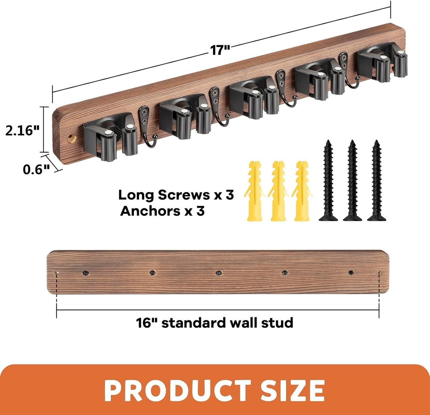 IMILLET Broom Holder Wall Mount, Rustic Broom Hanger for Laundry Room | Wood Broom and Mop Organization and Storage, Mop Holder for Home Decor, Garden, Garage, Closet, 5 Racks and 4 Hooks, Brown